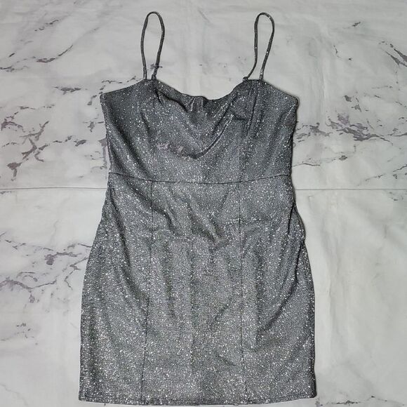 Lulu's Dresses & Skirts - Lulu's Silver Sparkle Spaghetti Strap Mini Dress